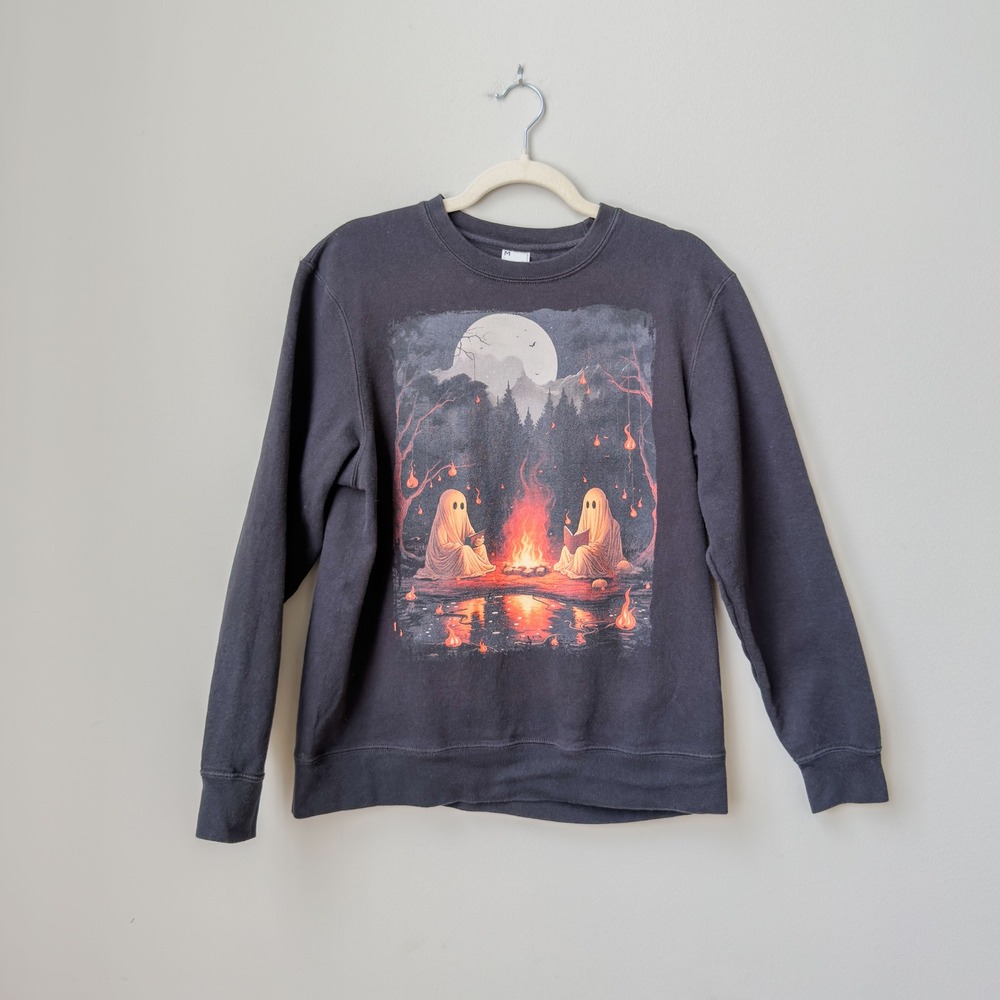 Women's Cute Cozy Fall Ghost Camping Black Crewneck Sweater Size M